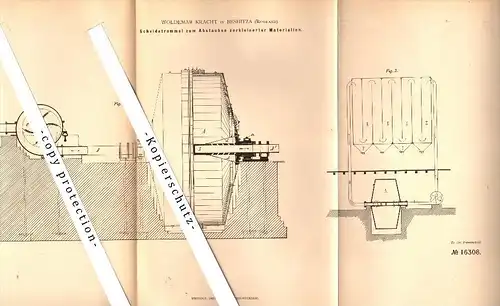 Original Patent - Woldemar Kracht in Beshitza , Russland , 1881 , Scheidetrommel für Mühle , Brjansk !!!