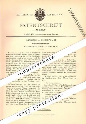 Original Patent - E. Studier in Güstrow i. Mecklenburg , 1881 , Korn-Reinigungsmaschine , Landwirtschaft , Agrar !!!