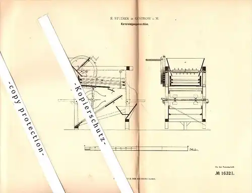 Original Patent - E. Studier in Güstrow i. Mecklenburg , 1881 , Korn-Reinigungsmaschine , Landwirtschaft , Agrar !!!