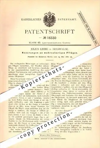 Original Patent - Julius Liebig in Arnswalde / Choszczno , 1881 , mehrscharige Pflüge , Agrar , Landwirtschaft !!!