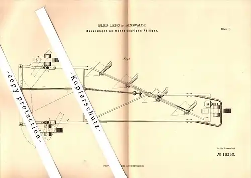 Original Patent - Julius Liebig in Arnswalde / Choszczno , 1881 , mehrscharige Pflüge , Agrar , Landwirtschaft !!!