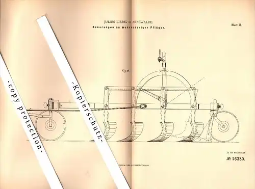 Original Patent - Julius Liebig in Arnswalde / Choszczno , 1881 , mehrscharige Pflüge , Agrar , Landwirtschaft !!!
