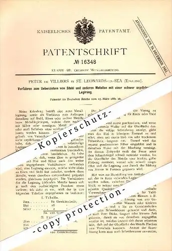 Original Patent - Peter de Villiers in St. Leonards on Sea / Hastings , England , 1881 , Coating of steel with an alloy