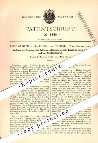 Original Patent - Josef Weineck in Grafendorf b. Stockerau , Niederösterreich , 1881 , Erzeugung von Kernseife , Seife !