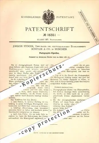 Original Patent - Johann Stöger , Schuler & Co. in München , 1881 , Photographie - Vignetten , Fotografie , Fotograf !!!