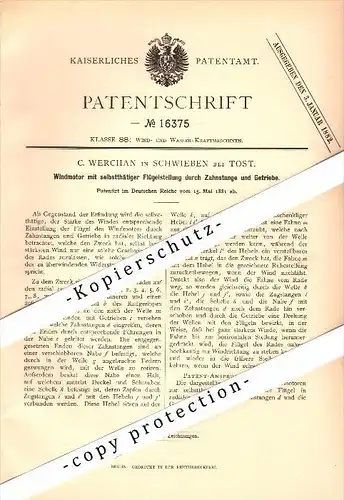 Original Patent - C. Werchan in Schwieben / &#346;wibie b. Tost / Toszek , 1881 , Windmotor , Schlesien !!!
