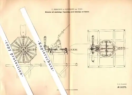 Original Patent - C. Werchan in Schwieben / &#346;wibie b. Tost / Toszek , 1881 , Windmotor , Schlesien !!!