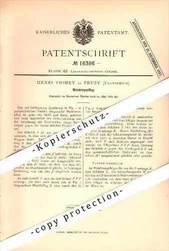 Original Patent - Henri Thiney à Prusy , Aube , 1881 , Labourer pour les vignobles , du vin , vino !!!