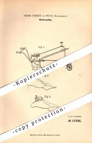Original Patent - Henri Thiney à Prusy , Aube , 1881 , Labourer pour les vignobles , du vin , vino !!!