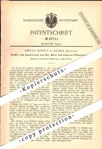 Original Patent - Emilio Oppelt en Álora , Spain , 1886 , Presione para el aceite y el vino !!!