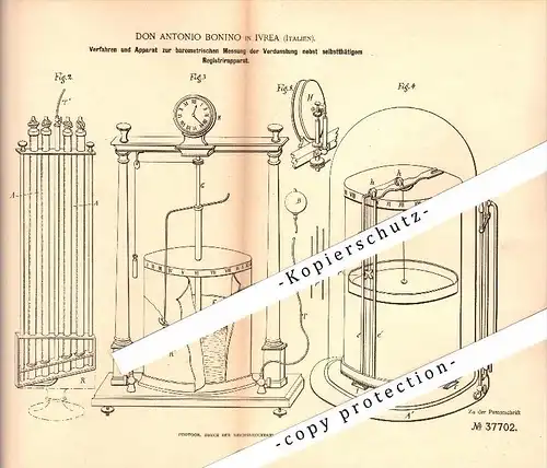 Original Patent - Don Antonio Bonino in Ivrea , Italia , 1886 , Apparecchio per Barometer - la misura , tempo !!!