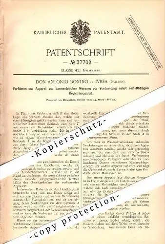 Original Patent - Don Antonio Bonino in Ivrea , Italia , 1886 , Apparecchio per Barometer - la misura , tempo !!!