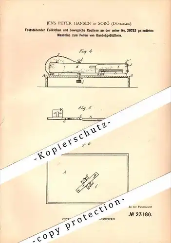 Original Patent - Jens Peter Hansen in Sorö , 1882 , Feilmaschine für Sägeblätter , Sorø !!!