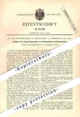 Original Patent - Dr. Th. Kötteritzsch in Pappendorf b. Hainichen , 1882 , Regeneration von photographischem Oxalen  !!!