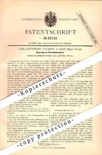 Original Patent - Carl Tannert in Sady , Posen , 1882 , Dreschmaschine , Landwirtschaft , Agrar , Poznan !!!