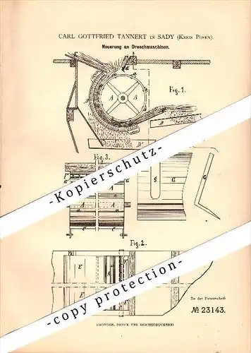 Original Patent - Carl Tannert in Sady , Posen , 1882 , Dreschmaschine , Landwirtschaft , Agrar , Poznan !!!