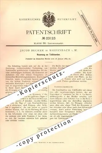 Original Patent - Jakob Becker in Weifenbach b. Biedenkopf , 1883 , Tafelherd , Herd , Küche , Backofen !!!