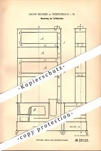 Original Patent - Jakob Becker in Weifenbach b. Biedenkopf , 1883 , Tafelherd , Herd , Küche , Backofen !!!