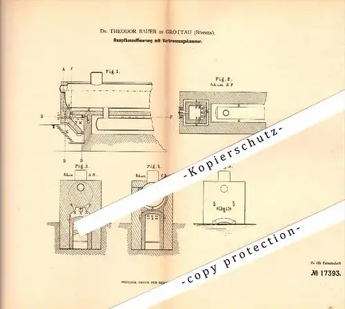 Original Patent - Dr. Theodoor Bauer in Grottau / Hrádek nad Nisou&#8203; , 1881 , Dampfkessel-Feuerung !!!