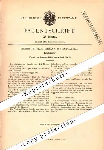 Original Patent - Bernhard Klostermann in Stoppenberg b. Essen , 1881 , Rußabsperrer , Heizungsbau !!!