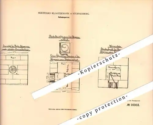 Original Patent - Bernhard Klostermann in Stoppenberg b. Essen , 1881 , Rußabsperrer , Heizungsbau !!!