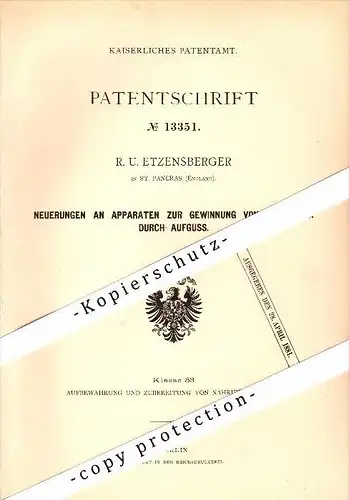 Original Patent - R. Etzensberger in St. Pancras , England , 1880 , Apparatus for the extraction of extracts , London !!