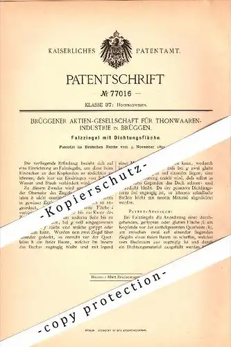 Original Patent - Thonwaaren-Industrie in Brüggen , 1893 , Falzziegel mit Dichtung , Dachziegel , Dachdecker , Viersen !