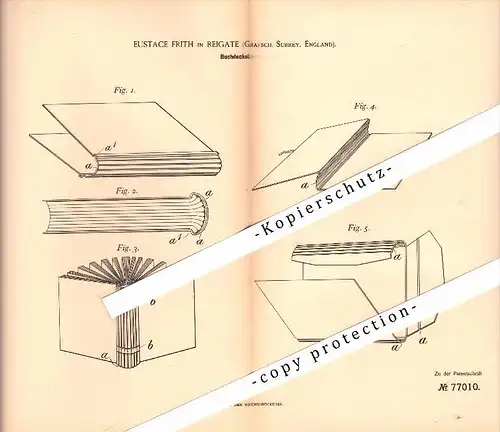 Original Patent - Eustace Frith in Reigate , Surrey , 1894 , book Cover , bookbinding !!!