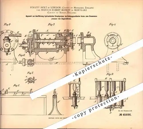 Original Patent - Harold Bodley in Mortlake , 1888 , Apparatus for hydraulic pressure tests , F. Holt in London !!!