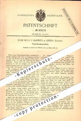 Original Patent - Juan Segui y Barenys en Lerida / Lleida , 1888 , Mezclador de masa para la pasta , panadería !!!
