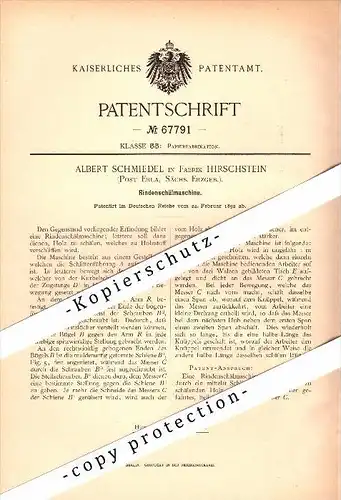 Original Patent - A. Schmiedel in Fabrik Hirschstein , Post Erla / Schwarzenberg ,1892, Rindenschälmaschine , Papier !!!