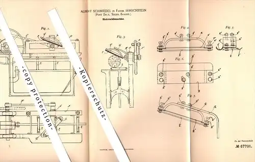 Original Patent - A. Schmiedel in Fabrik Hirschstein , Post Erla / Schwarzenberg ,1892, Rindenschälmaschine , Papier !!!