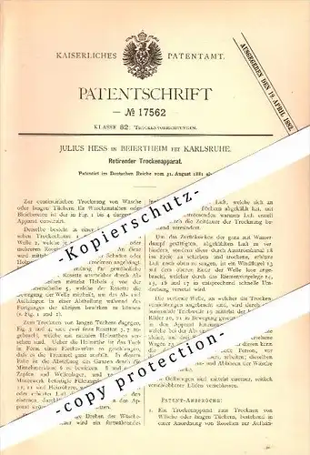 Original Patent - Julius Hess in Beiertheim b. Karlsruhe , 1881 , rotierender Trockenapparat , Wäscherei , Wäsche !!!