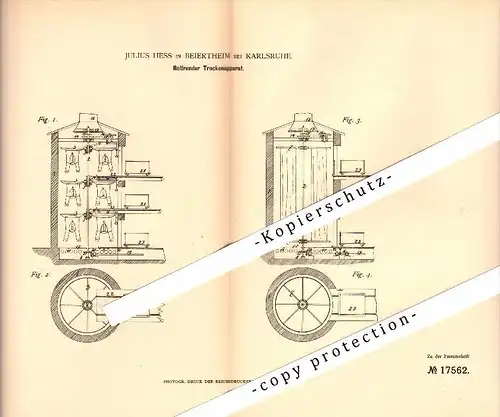 Original Patent - Julius Hess in Beiertheim b. Karlsruhe , 1881 , rotierender Trockenapparat , Wäscherei , Wäsche !!!