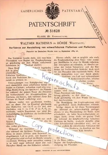 Original Patent - W. Mathesius in Hörde , Westfalen , 1884 , Herstellung von Flußeisen und Flußstahl !!!