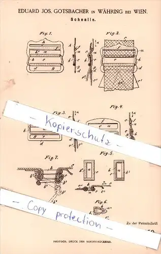 Original Patent - Eduard Jos. Gotsbacher in Währing bei Wien , 1885 , Schnalle !!!