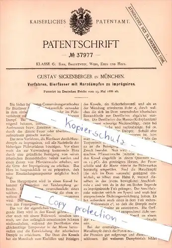 Original Patent - G. Sickenberger in München , 1886 , Bierfässer mit Harzdämpen imprägniren !!!