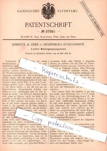 Original Patent - Lemböck & Linke in Regensburg-Stadtamhof , 1886 , Lutter-Reinigungsapparat !!!