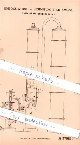 Original Patent - Lemböck & Linke in Regensburg-Stadtamhof , 1886 , Lutter-Reinigungsapparat !!!