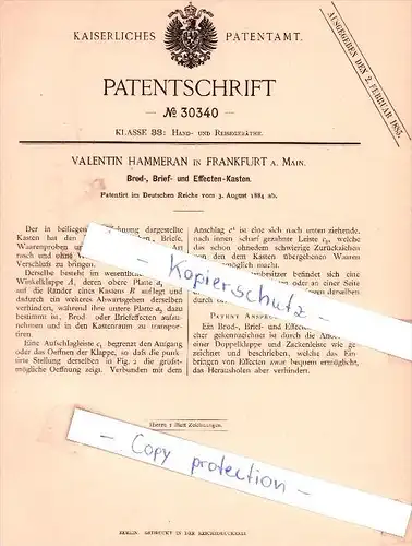 Original Patent - Valentin Hammeran in Frankfurt a. Main , 1884 , Brod-, Brief- und Effecten-Kasten !!!