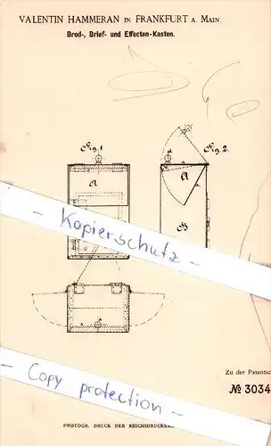 Original Patent - Valentin Hammeran in Frankfurt a. Main , 1884 , Brod-, Brief- und Effecten-Kasten !!!