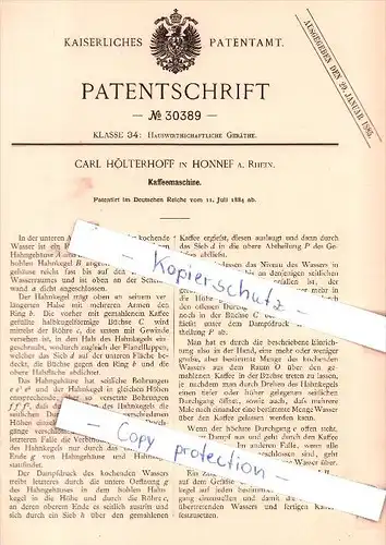Original Patent - Carl Hölterhoff in Honnef a. Rhein , 1884 , Kaffeemaschine , Kaffee !!!