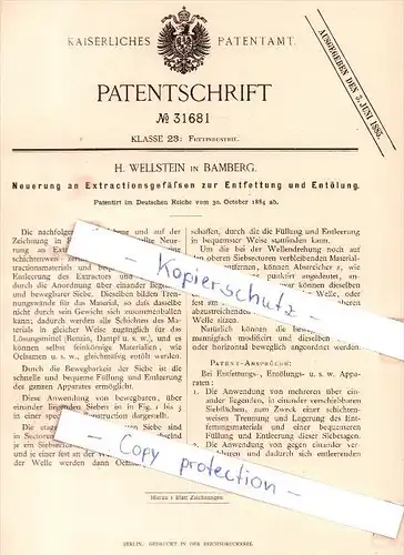 Original Patent - H. Wellstein in Bamberg , 1884 , Neuerung an Extractionsgefäßen  !!!