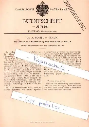 Original Patent - Dr. A. Kossel in Berlin , 1893 , Herstellung immunisirender Stoffe !!!