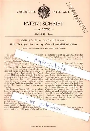 Original Patent - S. Koller in Landshut , Bayern , 1893 , Hülle für Cigaretten aus Rosenblüthen , Rosen , Zigaretten !!!