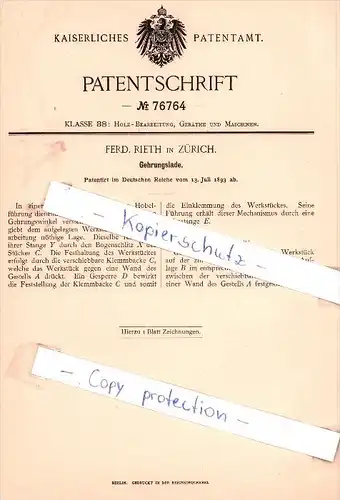 Original Patent - Ferd. Rieth in Zürich , 1893 , Gehrungslade , Holz-Bearbeitung !!!