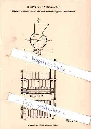 Original Patent -  H. Simon in Arnswalde / Choszczno , 1893 , Rübenschneidemaschine mit Messerwellen !!!