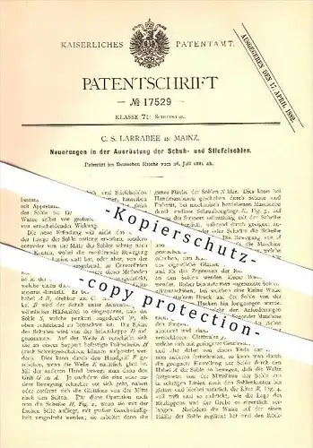 original Patent - C. S. Larrabee in Mainz , 1881 , Neuerungen in der Ausrüstung der Schuh- und Stiefelsohlen !!!