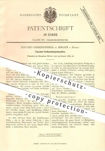 original Patent - Eduard Geisenheimer in Bingen a. Rhein , 1882 , Flaschen-Verkapselungsmaschine !!!