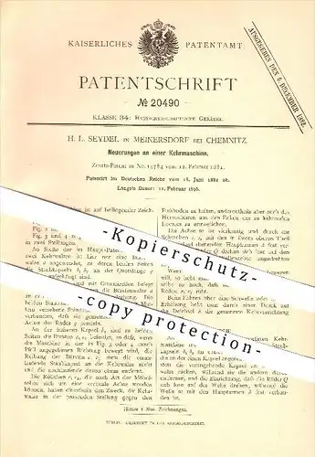 original Patent - H. L. Seydel in Meinersdorf bei Chemnitz , 1882 , Neuerungen an einer Kehrmaschine !!!